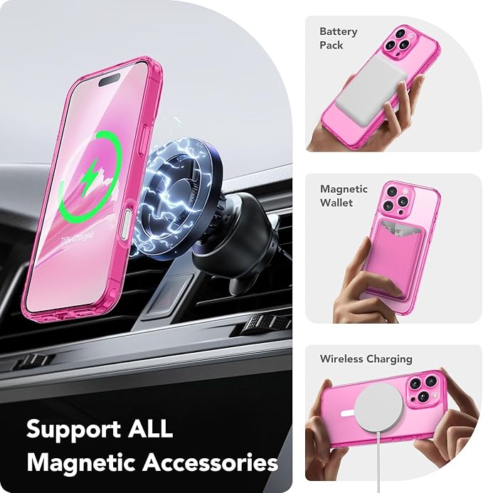 CAPRARO Magnetic Compatible with iPhone 16 Pro Case, Upgraded [Full Camera Protection] [Compatible with MagSafe] Protective Translucent Matte Women Girl Phone Case Cover, Clear Neon