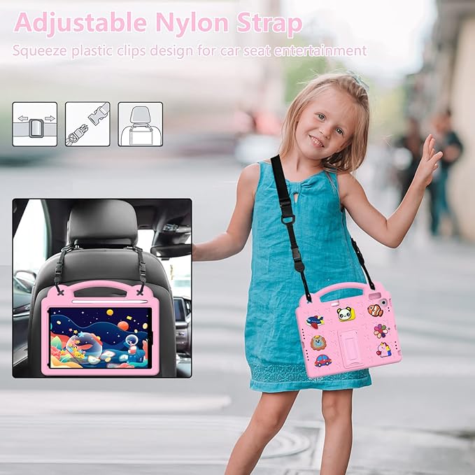 AKABEILA Compatible with Huawei MediaPad M3 Lite S 8.0/Samsung Tab A 8.0 2019 T290/T295/Tab A7 Lite 8.7 T220/T225 2021 Tablet Case, Kids Case with Shoulder Strap & Stand Handle Pink