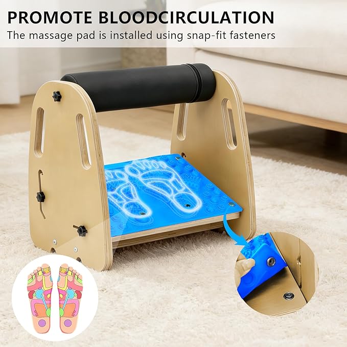 Double-Layer Wooden Foot Stool for Under Desk Foam Roller Top + Cushioned Bottom with Replaceable Massage Pad Ergonomic Design Suitable for Office, Home, Gaming All Seasons Use (Blue)
