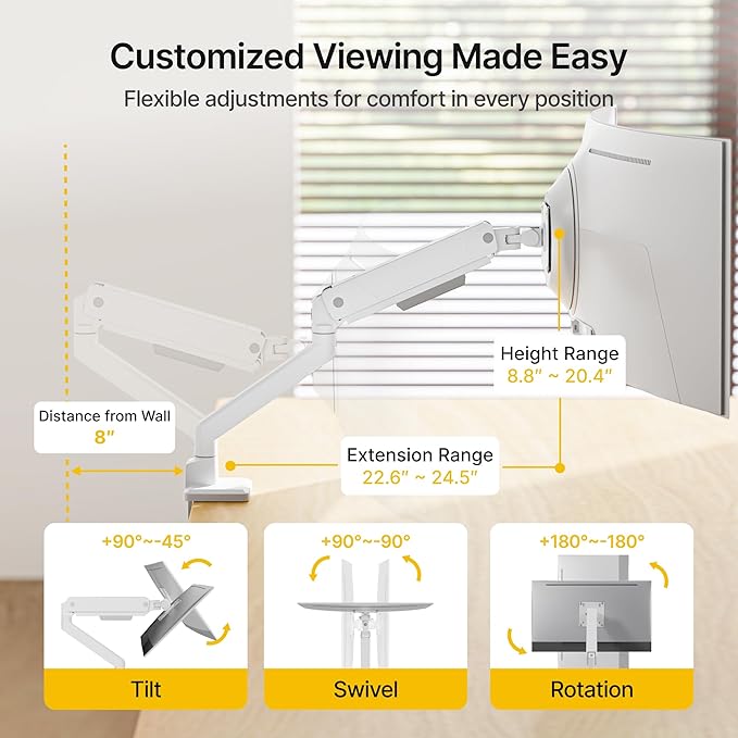 monTEK Single Monitor Arm with USB for Max 45 Inch Ultrawide Screens Adjustable Monitor Desk Mount Holds 35 Lbs Cable Management with C Clamp/Grommet Desk Mount, VESA 75/100mm