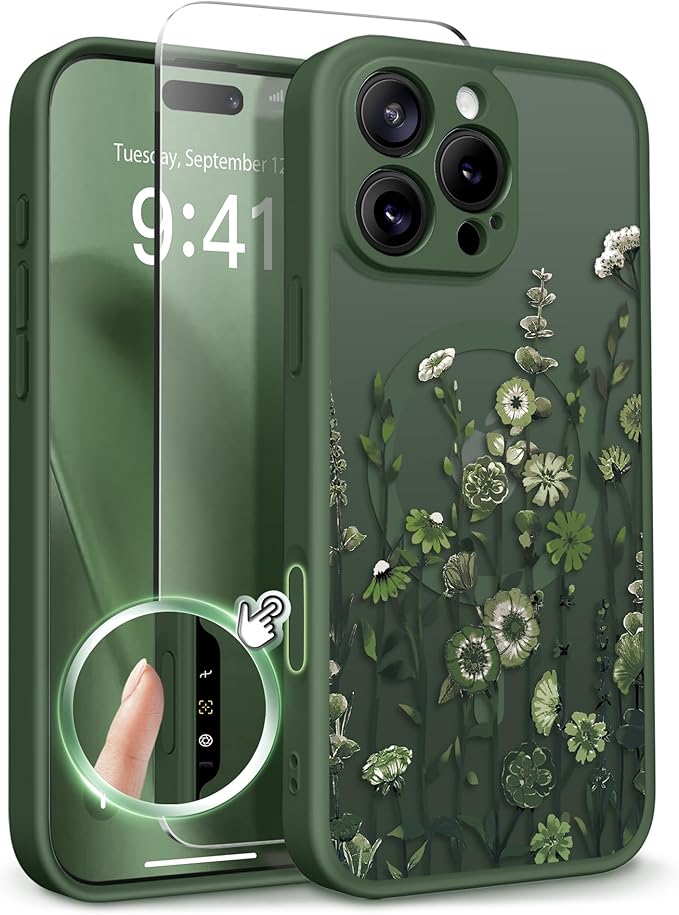 GVIEWIN for iPhone 16 Pro Case Compatible with MagSafe, [Military Grade Protection] [Screen Protector] Full Camera Protection Floral Translucent Women Magnetic Phone Case, Floratopia/Forest Green