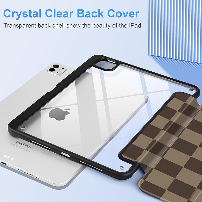 TWOLSKOO Case for iPad Pro 11-inch (M5 2025 / M4 2024), Clear Acrylic Back with TPU Bumper, Pencil Holder, Trifold Stand, Auto Sleep/Wake, Brown Checkerboard