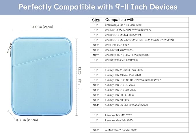 Dadanism 9-11" Tablet Sleeve Bag Carrying Case for iPad (A16) 11th Gen 11", iPad 10th Gen 10.9" Air 5/4, iPad Air M4/Pro 11", iPad 9/8/7th, Galaxy Tab A11+ Plus 11", Remarkable 2 10.3", Baby Blue