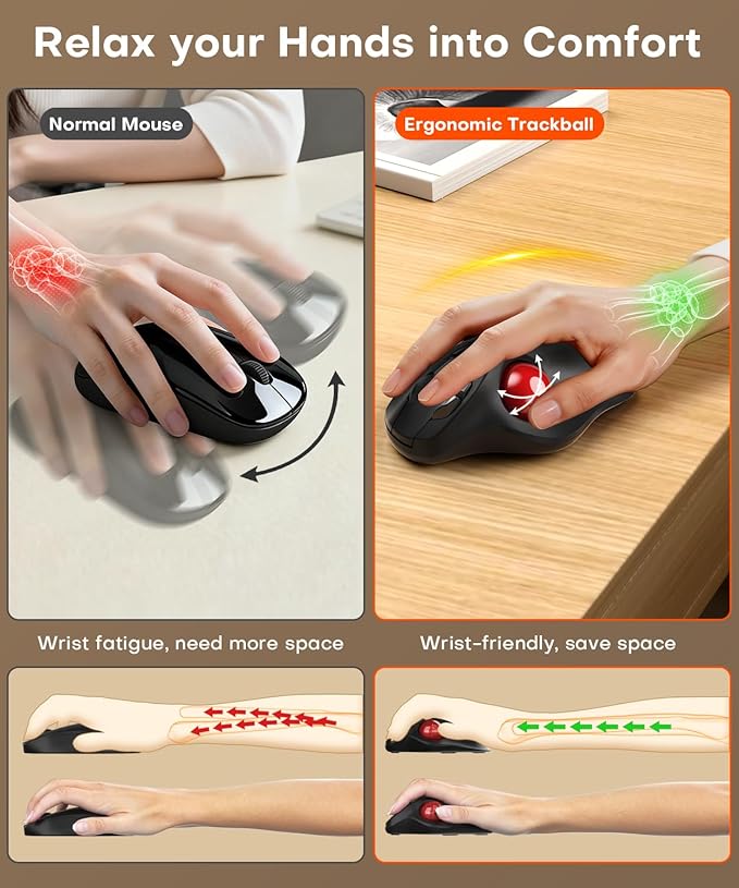 Ergonomic Wireless Trackball Mouse, 3 Device Connection (Bluetooth or 2.4G USB Receiver) Bluetooth Quiet Computer Mouse, 2*AAA Battery Thumb Laptop Mice with 5 Level DPI for PC/Laptop/Mac/Windows Red
