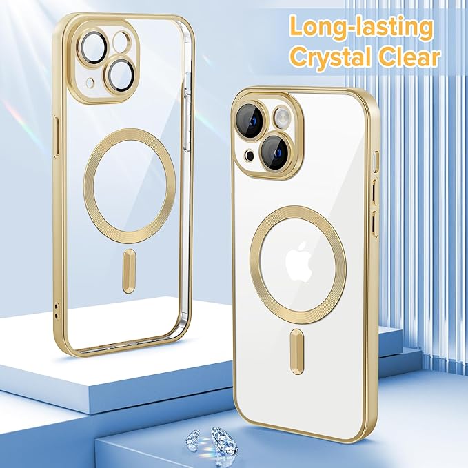 Hython Magnetic Clear for iPhone 14 Plus Case with Camera Lens Protector [Compatible with MagSafe] Luxury Plating Edge Slim Soft TPU Cover Protective Phone Case for iPhone 14 Plus 6.7", Matte Gold