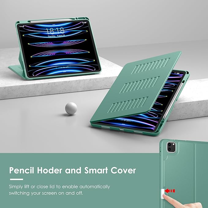 VIKESI Case for iPad Pro 12.9 6th / 5th / 4th / 3rd Generation Case 2022/2021/2020/2018,Multiple Angles Magnetic Stand Cover,Shockproof Soft Back,Pencil Holder,and Auto Sleep/Wake,Forest Green