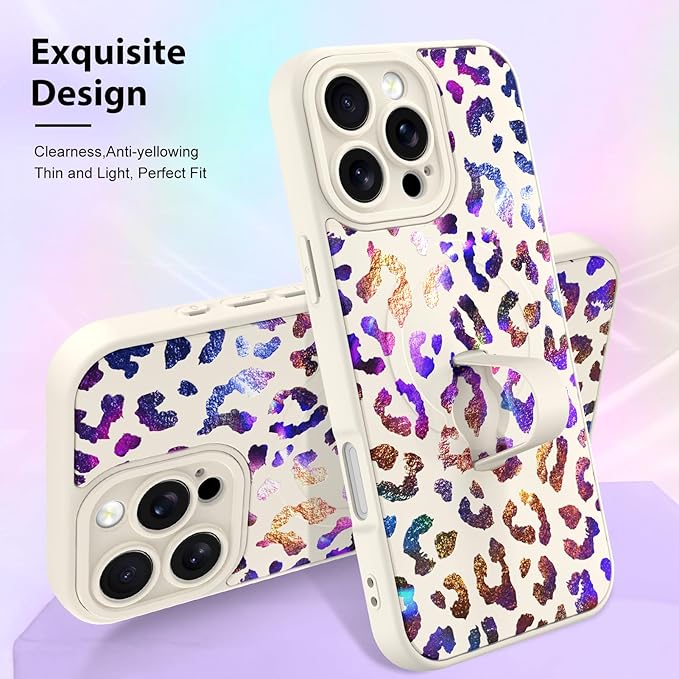 KANGHAR Compatible with iPhone 16 Pro Case, Support for MagSafe, Silicone Cute Iridescent Leopard Cheetah Pattern, Wristband Kickstand Shockproof Protective Slim Cover for Women Girls, White