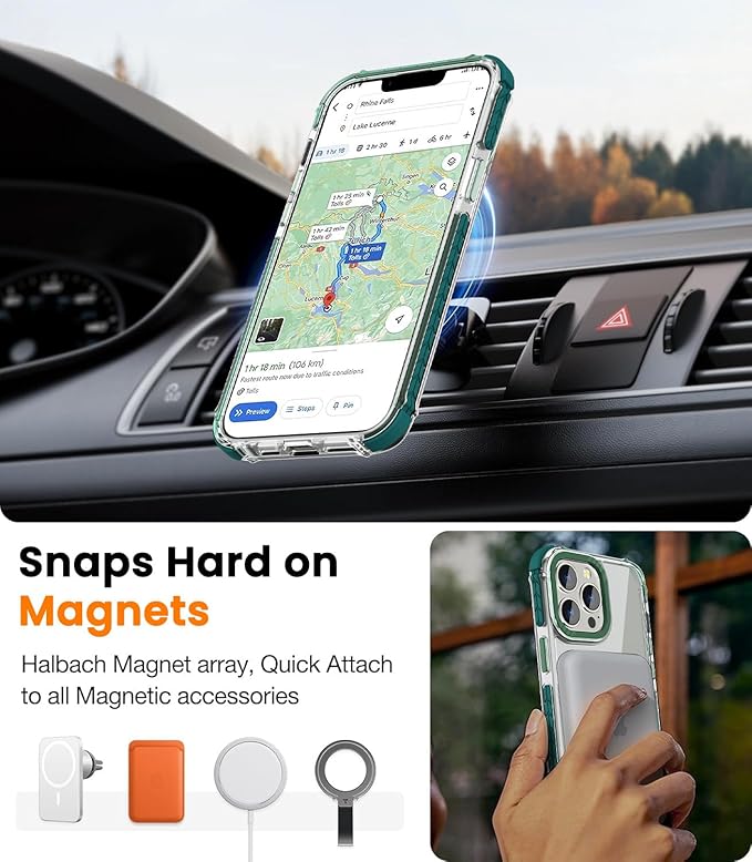 DEERLAMN Strong Magnetic Case for iPhone 13 Pro 6.1-Inch,[Compatible with Magsafe][Military-Grade Protection] Clear Slim Shockproof Protective Phone Cover for Women Men-Transparent+Green