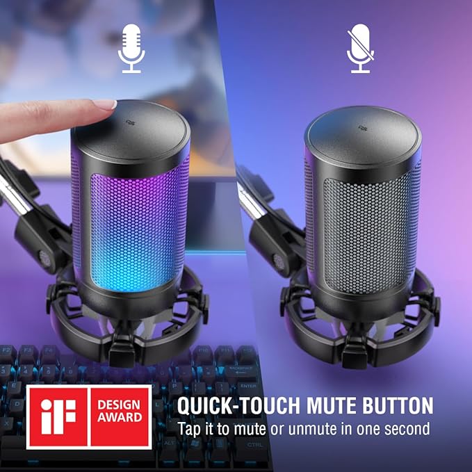 FIFINE Gaming Microphone and USB Streaming Headset Kit, PC Podcast Condenser Mic with Boom Arm, Pop Filter, Mute, Wired Headphones with 7.1 Surround Sound for Streaming, Twitch, Online Chat (A6T+H6)