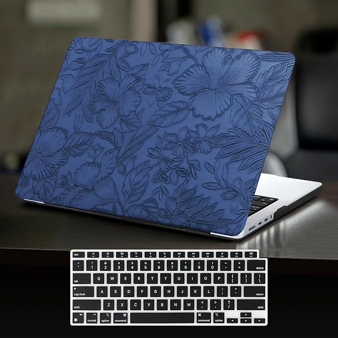 DTangLsm for MacBook Air 15 inch Case 2026 2025-2023 M5 M4 M3 M2 A3448 A3241 A3114 A2941, Textured Retro PU Leather Hard Cover for 15 inch MacBook Air Case A3114 + Keyboard Cover, Blue Embossed Floral
