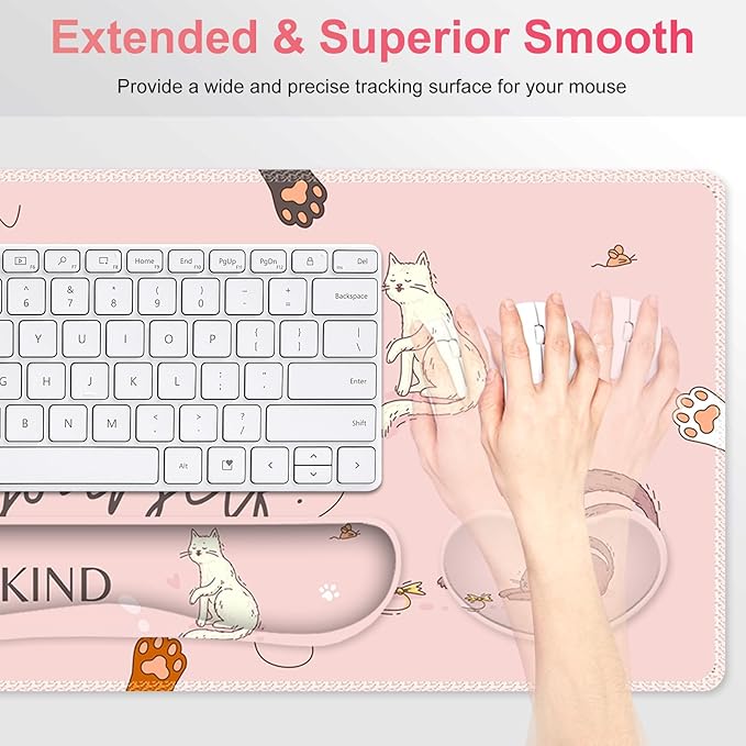 Large Gaming Mouse Pad Set, Pink Cats Ergonomics Keyboard Desk Mat with Memory Foam Wrist Rest, Extended Game Mousepad, Non-Slip Desk Pad Matt Easy Typing Pain Relief I Be Kind to Yourself