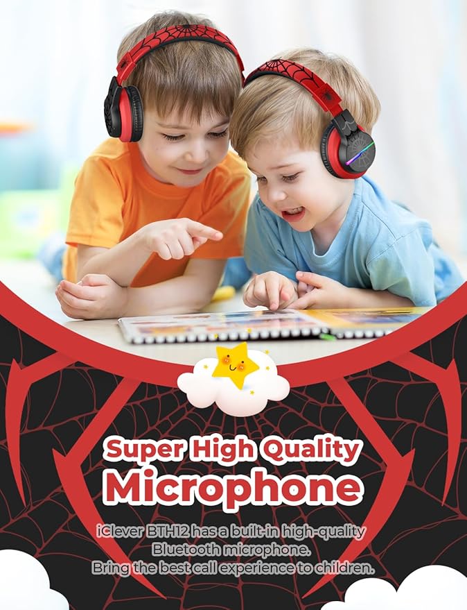 iClever BTH12 Kids Bluetooth Headphones,Colorful LED Lights,74/85dBA Safe Volume,85H Playtime,Fast Charging,Bluetooth 5.2,Over Ear Kids Headphones Wireles for iPad/Tablet/Airplane,Black/Red