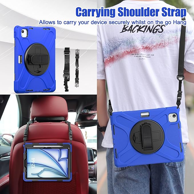 TSQQST Case for iPad Air 11 Inch M4 2026/M3 2025/M2 2024, Cover for iPad Air 5th 4th Generation 10.9"/Pro 11 4th/3rd/2nd/1st Heavy Duty Shockproof Case with Screen Protector+Stand+Hand Strap, Blue