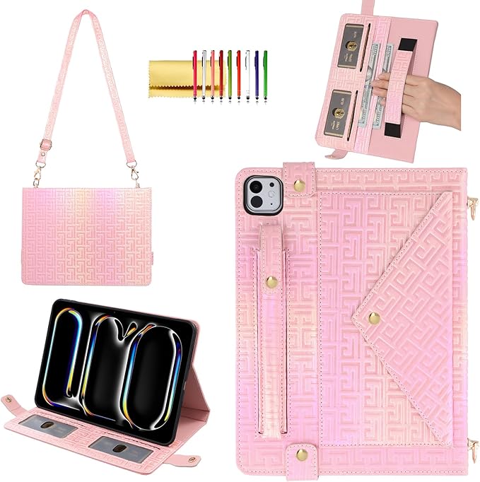 Shiny Case for iPad Pro 11" M5 M4 (2025/2024) Handbag Case, Techcircle Iridescent PU Leather Folio Envelope Pocket Stand Cover with Hand Strap+Shoulder Strap+Pencil Holder+Card Slots, Shiny Pink