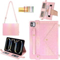Shiny Case for iPad Pro 11" M5 M4 (2025/2024) Handbag Case, Techcircle Iridescent PU Leather Folio Envelope Pocket Stand Cover with Hand Strap+Shoulder Strap+Pencil Holder+Card Slots, Shiny Pink