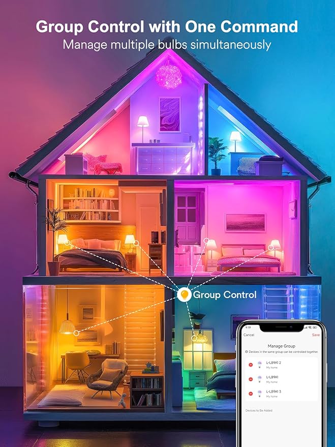 ANGELHALO Smart Light Bulbs, Color Changing A19 LED Light Bulb, Work with Alexa and Google Assistant, Wi-Fi & Bluetooth Light Bulbs, 16 Million Colors RGBCW, Music Sync, 800 Lumens, 2.4Ghz only,4 Pack