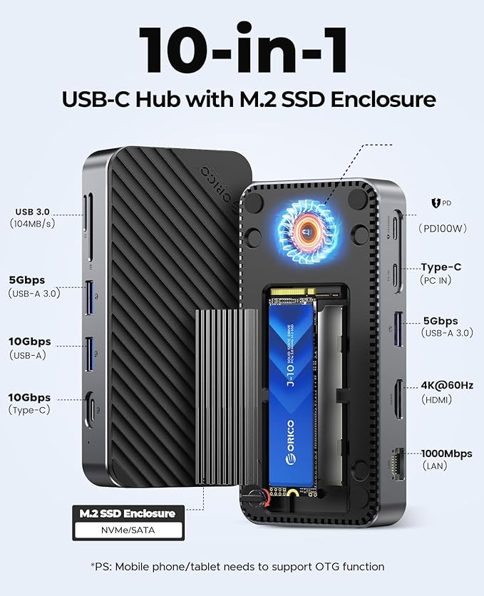 ORICO 10-in-1 USB C HUB with SSD Enclosure Built-in Cooling Fan with NVMe/SATA, HDMI 4K@60Hz,10Gbps/5Gbps USBA/C, Gigabit Ethernet, SD/TF 3.0 Ports, Compatible with Windows/Mac/Dell/HP