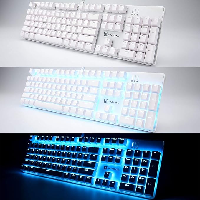 Merdia Hot Swappable 104 Keys Full Size Mechanical PC Gaming Keyboard | Blue Switch White Mechanical Wired Computer Keyboards | LED Backlit 104 Keys US Layout Light Up Wired Gaming Keyboard