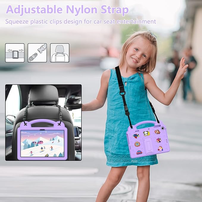 AKABEILA Compatible with Amazon Fire HD 8/HD 8 Plus (2020/2022)/Fire HD 8 2024 Tablet Case, Kids Lightweight Shockproof Protective Case with Shoulder Strap & Stand Handle Light Purple