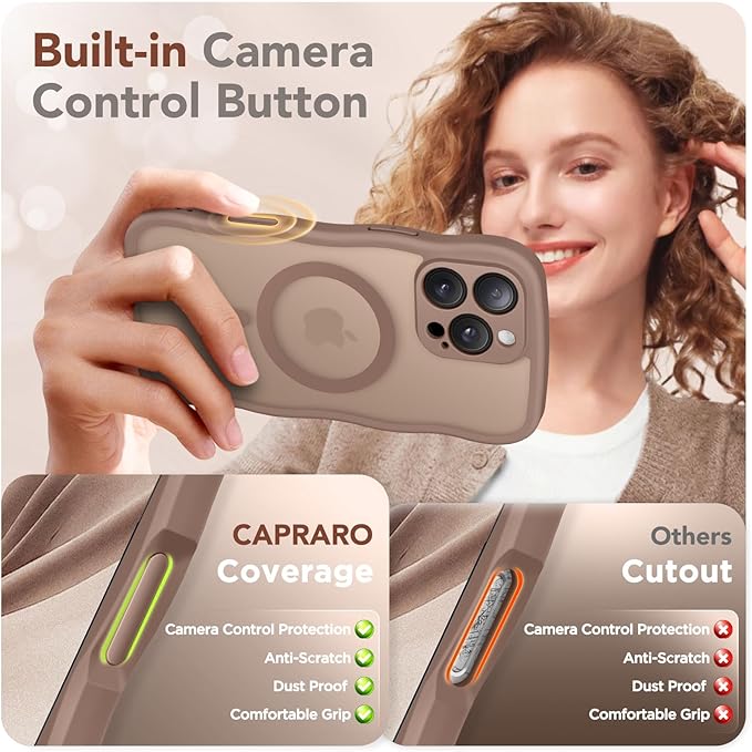 CAPRARO for iPhone 16 Pro Max Case for Women Girls, Upgraded [Full Camera Protection] [Compatible with MagSafe] Cute Wave Translucent Matte Phone Case for iPhone 16 Pro Max, Brown