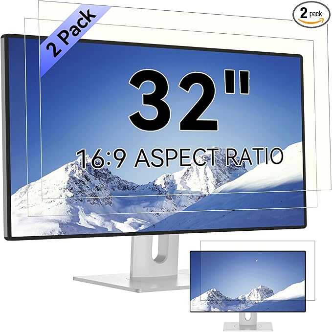 [2-Pack] 32 Inch Computer Blue Light Blocking Screen Protector for 16:9 Widescreen Monitor, Anti Glare Anti-UV Eye Protection Desktop PC LED Monitor Filter, Removable Anti-Scratch Screen Film 32in