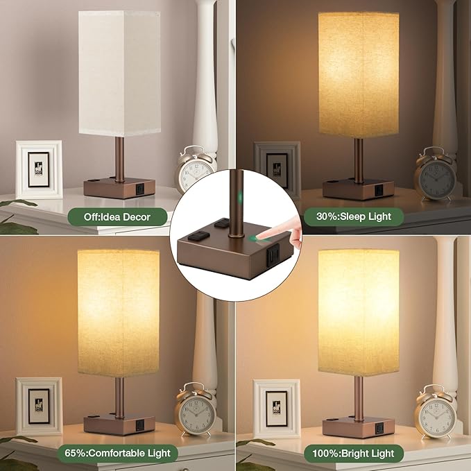 aooshine Brown Base Touch Lamps Set of 2 - Nightstand Lamp with USB-C + A Charge Ports & AC Outlets, 3-Way Dimmable Bedside Lamp, Small Table Lamp Light for Bedroom (Bulb Included)