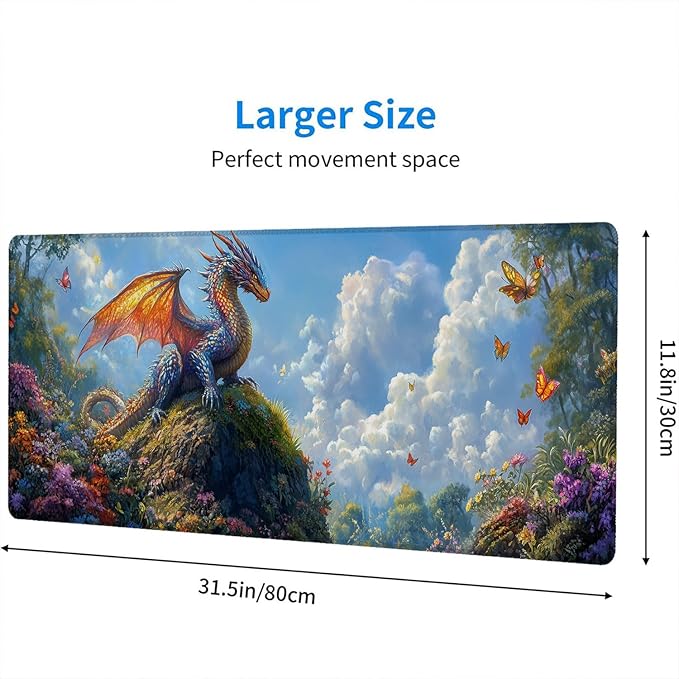 Fantasy Dragon Desk Pad Mouse Pad Forest Colorful Butterfly Flower Mousepad XL Large Gaming Mouse Pad Laptop Keyboard Mat Desk Pad 31.5"x11.8" Office Home Decor for Women Girl