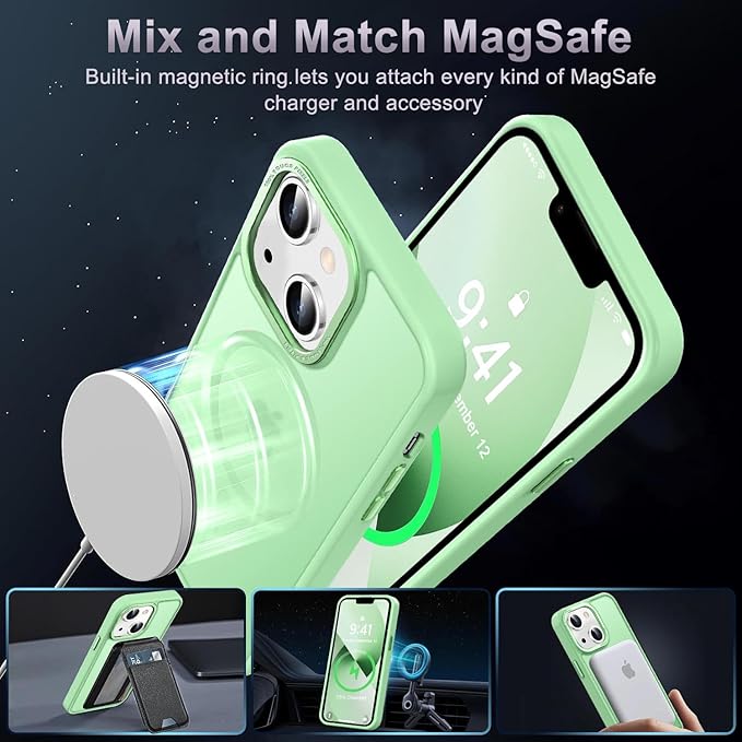 Newfuture Designed for iPhone 13 Case & iPhone 14 Case with Magnetic [13 FT Military Drop Protection] [Compatible with Magsafe] Translucent Shockproof with Anti-Fingerprint Phone Case, Matcha Green