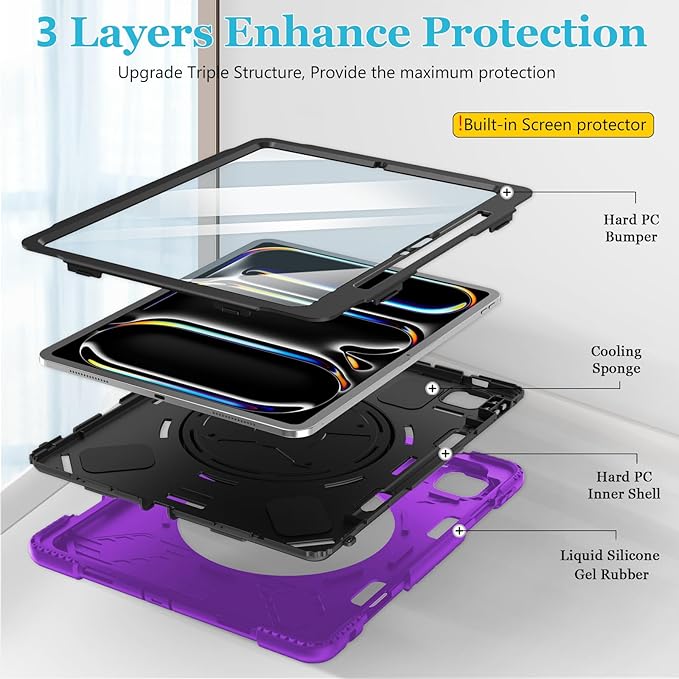 Case for iPad Pro 13 Inch M5 2025/ M4 2024: Military Grade Cover for iPad Pro 13" with Screen Protector - Stand - Handle - Shoulder Strap - Pencil Holder- Purple
