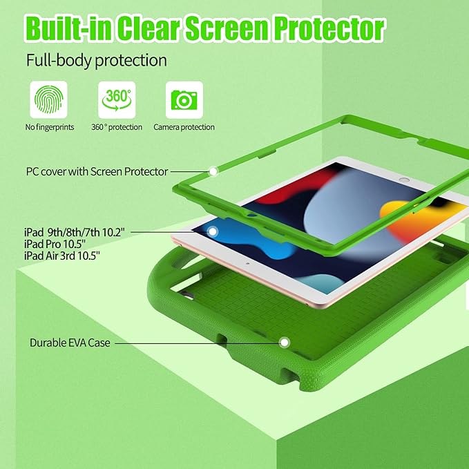 Kids Case for iPad 10.2 & 10.5, iPad 9th/8th/7th Generation 10.2" 2021 2020 2019 Case with Screen Protector, iPad Air 3rd Gen/Pro 10.5 inch Protective Cover with Handle Stand, Green