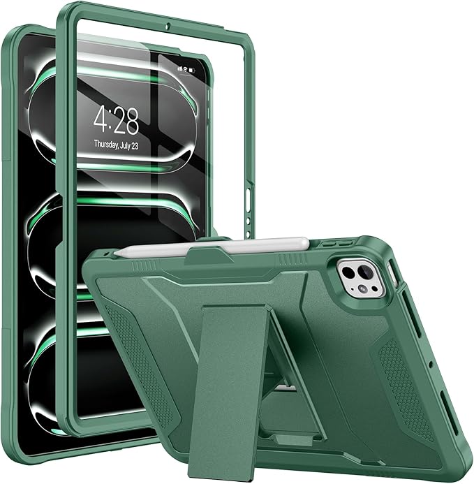 Soke Case for iPad Pro 11 Inch (M5) 2025/ (M4) 2024, with Built-in Screen Protector & Kickstand, Rugged Full Body Heavy Duty Protective Cover with Pencil Holder - Midnight Green