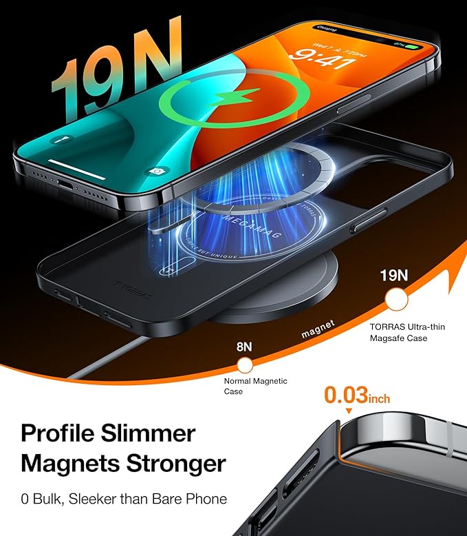 TORRAS Magnetic Slim-Fit for iPhone 15 Pro Max Case, Ultra-Thin 15 ProMax Phone Case Compatible with MagSafe, Lightweight Anti-Scratch Matte Hard iPhone 15 ProMax Case 6.7 inch OriginFit, Black