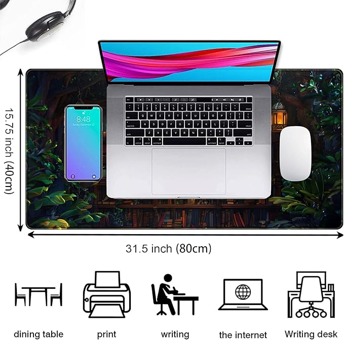 Large Desk Pad Anime Mouse Mat, Extended Gaming Mouse Pad Forest Library Keyboard Pad, Computer Desktop Pad Full Desk Mat XXL, Magical Cottagecore Decor for Office Laptop 31.5x15.7 Inch