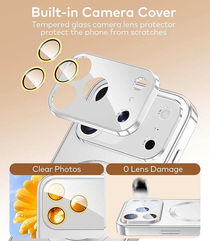 TOBOVON Magnetic for iPhone 17 Pro Max Case with Ring Stand, Fits MagSafe, with Built-in Camera Lens Protector, Slim Electroplated Shockproof Phone Cover, Silver
