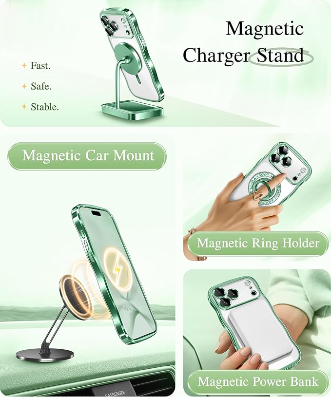 GVIEWIN for iPhone 17 Pro Max Case Compatible with MagSafe, Upgraded [Full Camera Protection][Cute Wave Frame][Military Grade Protection] Electroplated Hard Phone Cover for Women Girl, Clear/Green