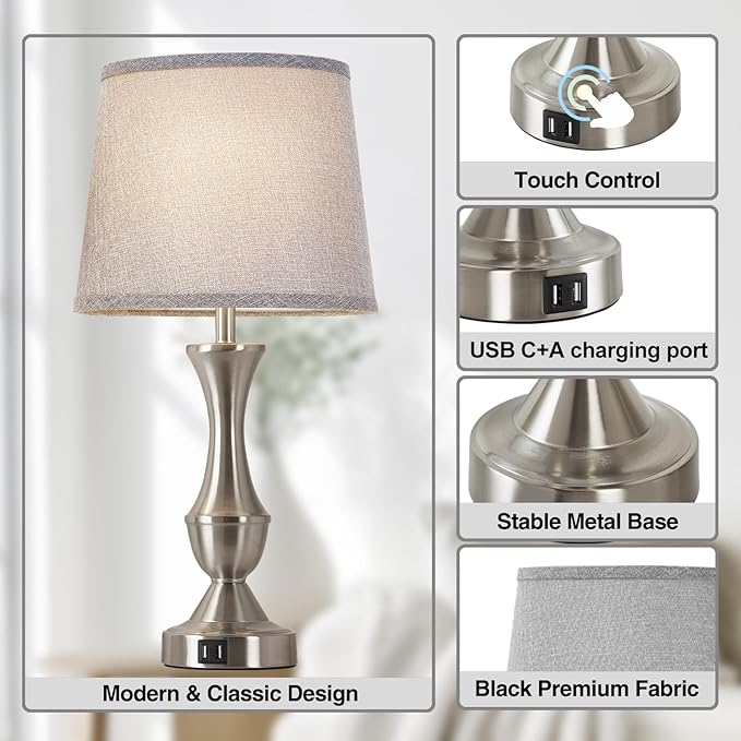 Touch Table Lamps Set of 2, 22" Tall Bedside Lamps, Nightstand Lamps with USB C+A Charging Ports, Dimmable Lamp for Bedrooms, Living Room, Office, Silver Lamp with Grey Lampshade, Bulbs Included