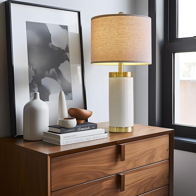 USumkky 24.5" Modern Ceramic White Bedside Lamp for Bedroom Decor Farmhouse Table Lamp for Living Room Office Dorm