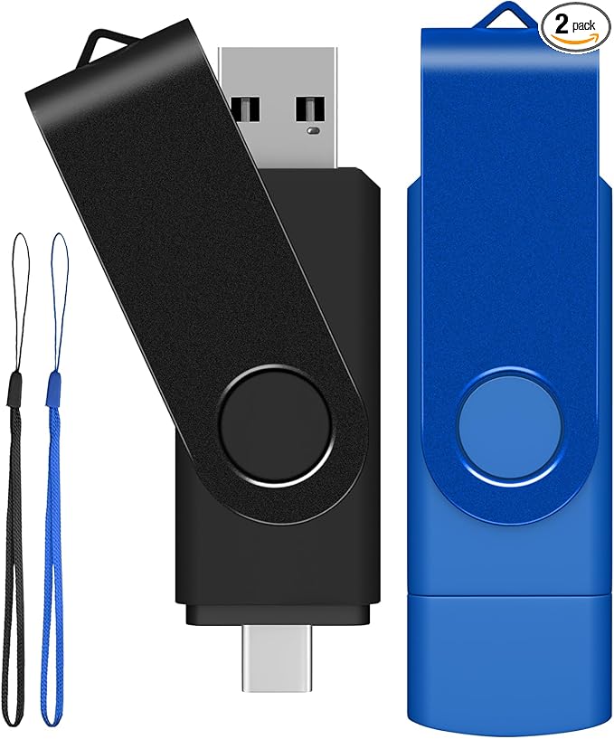 AreTop 16GB USB C Flash Drive 2 in 1 OTG USB 2.0 + Type C Memory Stick with Keychain Dual Type-C Thumb Drive Photo Stick Jump Drive for Android Smartphones, Computer, Tablet, PC, 2 Pack (Black, Blue)