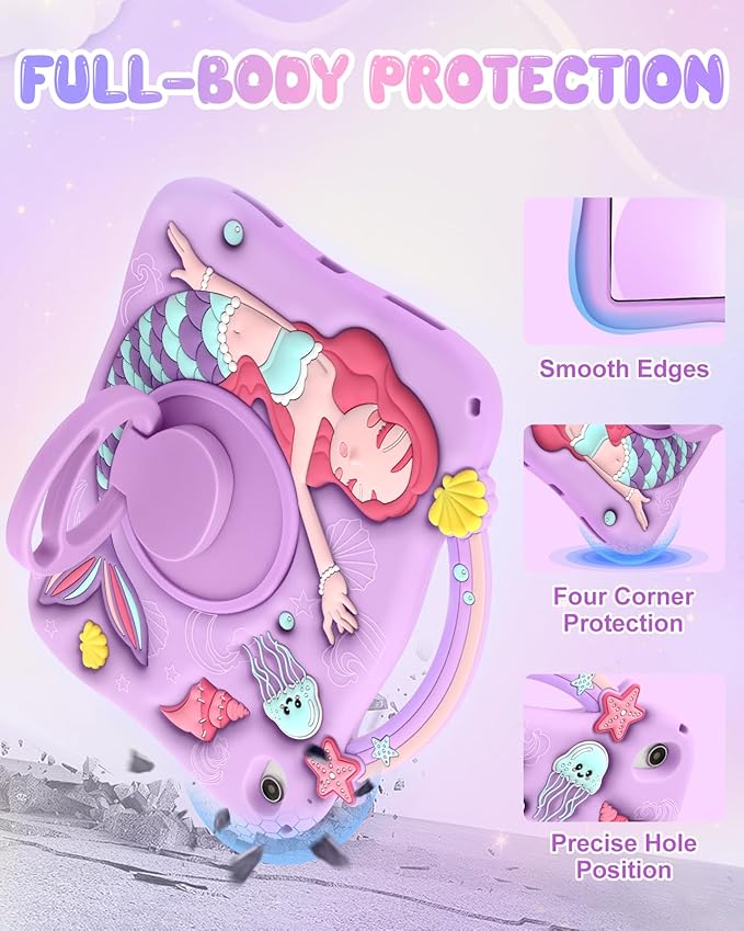 Boaretiu for iPad A16 Case/10th Generation Case - Girls Teens Cute Cartoon Purple Mermaids 10.9 Inch 2022 Tablet Cover with Strap & Rotating Stand Soft 3D Silicone Funda for iPad 11th 11 Inch 2025