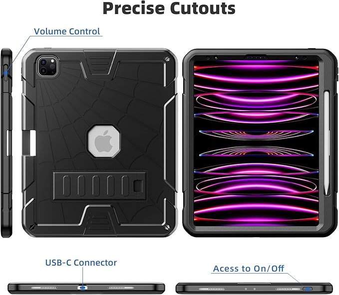 TSQQST Case for iPad Pro 12.9 Inch 6th Generation 2022 with Screen Protector | Full Body Protection Kids Case with Pencil Holder Stand for iPad Pro 12.9 Inch 5th/4th/3rd Gen 2021/2020/2018 | Black