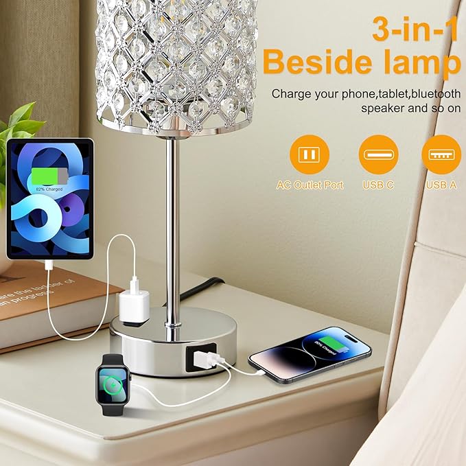 Table Lamps for Bedroom Set of 2-Crystal Table Lamp with USB C+A Ports & AC Outlet Sliver Nightstand Touch Lamp with 3-Way Dimmable Bedside Side Desk Lamp for Living/Bedroom (LED Bulb Included)