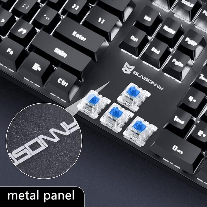 Qisan 104 Mechanical Keyboard for Gaming | Large Size USB White Backlit Gaming Keyboard Wired | US Layout Blue Switches Hot Swappable Mechanical Clicky Keyboards Compatible with PC & Laptop