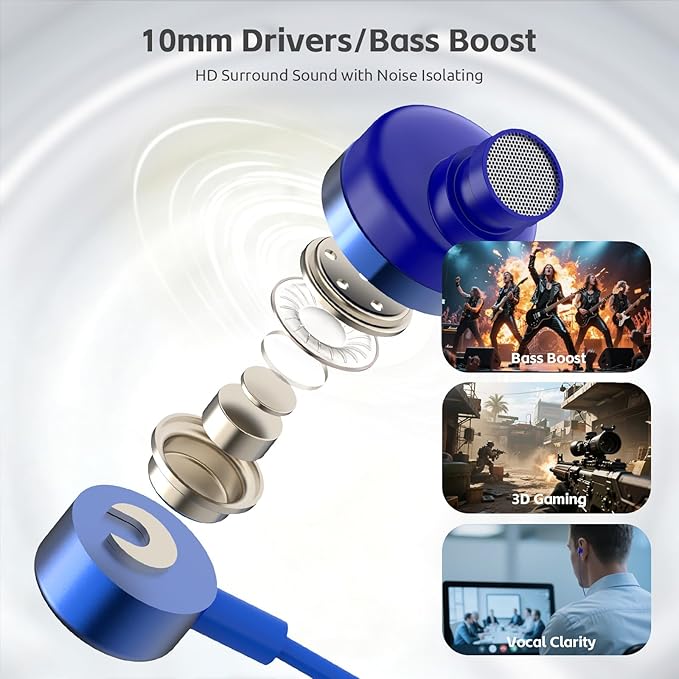 MORMOQUE EP-06 Wired Earbuds in-Ear Earphones,Build-in Microphone Noise Isolating Headphones,3.5mm Jack 4.9ft Long Cord Ear Buds,HD Bass Audio,with 6 Ear Tips,for Smartphones/Laptop/Computer Etc-Blue