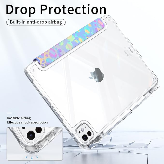 Shockproof Case for iPad Pro 13 Inch M5 2025 & M4 2024 with Pencil Holder, Stable Trifold Stand, Slim Transparent Clear Back Cover, Auto Wake/Sleep, Leopard Composition Book