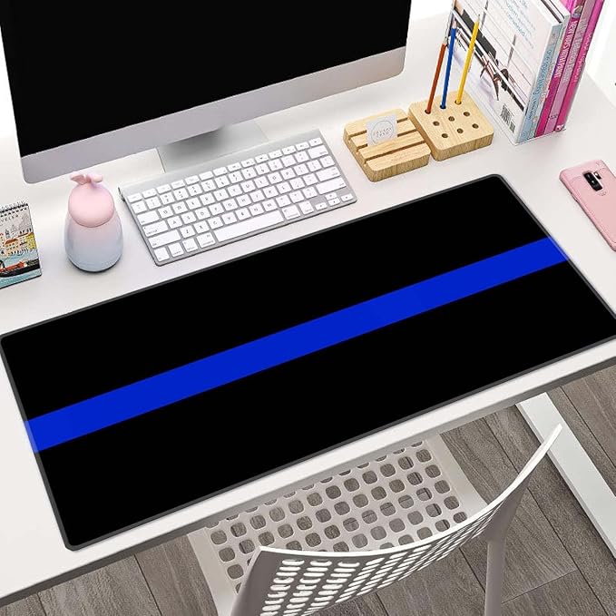 Extended Gaming Mouse Pad Big, Thin Blue Line Long Mouse Pad Large, 31.5x11.8in Non-Slip Rubber Base Black Mousepad, Stitched Edges Keyboard Mouse Mat Desk Pad