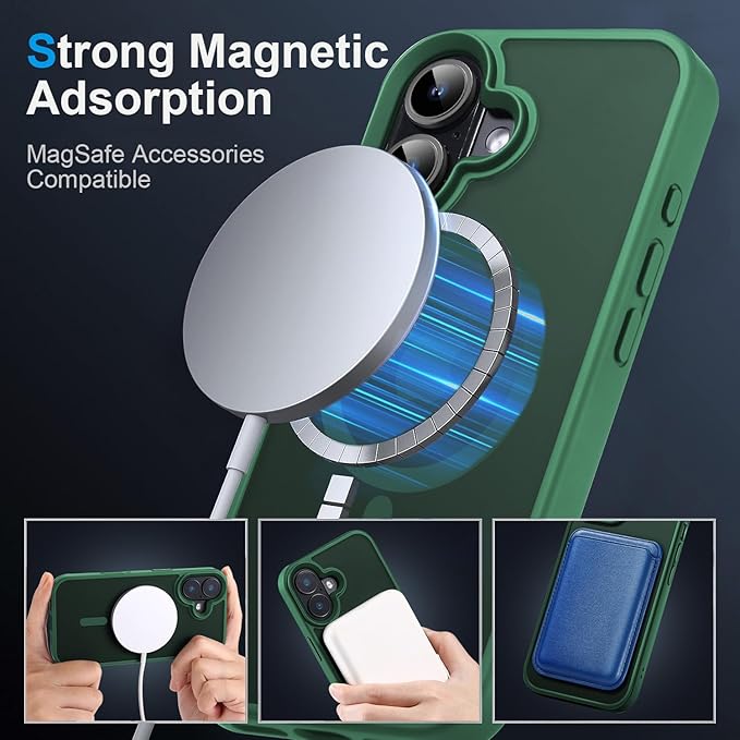 Magnetic Case for iPhone 16 Case [10FT-Grade Drop Tested & Compatible with MagSafe] Translucent Anti-Fingerprint Shockproof Protective Cover 6.1 Inch,Dark Green