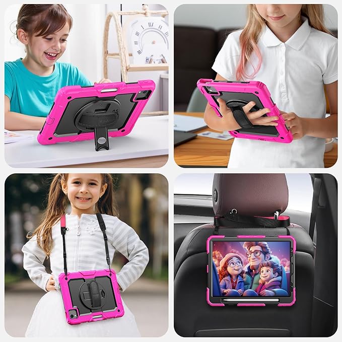 SEYMAC Case for iPad Air 5th/ 4th Generation 10.9 Inch, Full-Body Shockproof Protective Case with Screen Protector, Rotating Stand/Handle/Shoulder Strap for iPad Air 5/ Air 4, Black/Pink