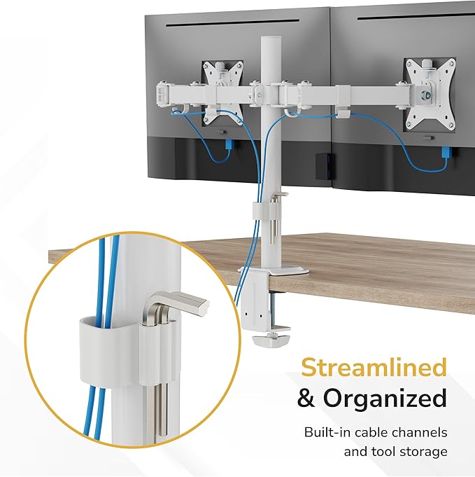 Mount-It! Dual Monitor Mount for Desk, Adjustable Tilt Swivel on Double Monitor Mounts for Screens up to 32”, Dual Monitor Arms for 2 Monitors, VESA 75x75 and 100x100 C-clamp & Grommet in White