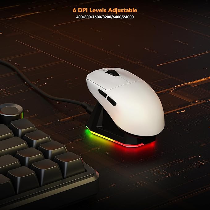 KYSONA Wireless Gaming Mouse with Charging Dock，Lightweight 42g, 24000 DPI, Wired/Bluetooth/2.4G Optical Mice, Long Battery Life, Compatible with PC/Mac - White