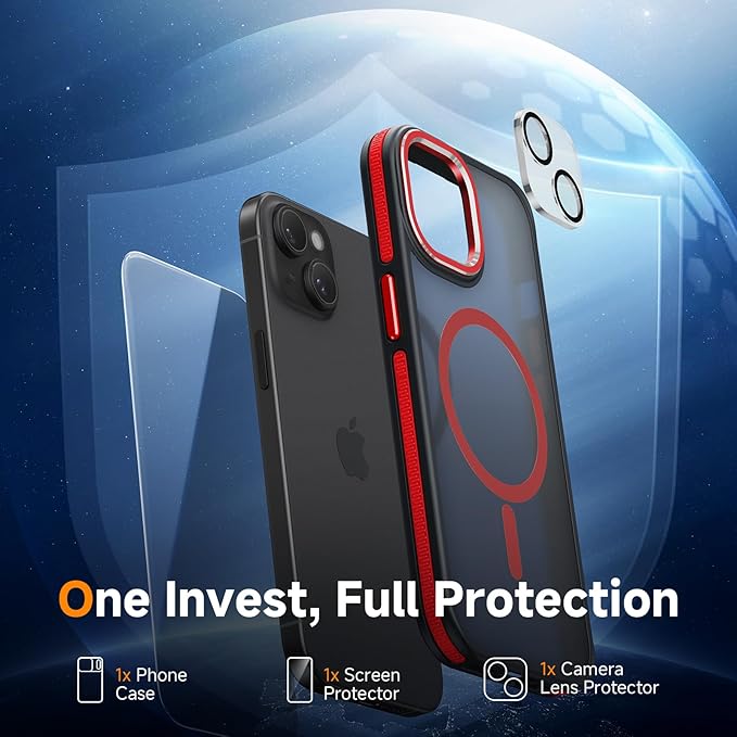 DOMAVER Magnetic 3 in 1 for iPhone 15 Case, [Omni-Directional Protection] with 1x Screen Protector + 1x Camera Cover, [Seamless Work with Magsafe] Protective Silm Case for iPhone 15 Red